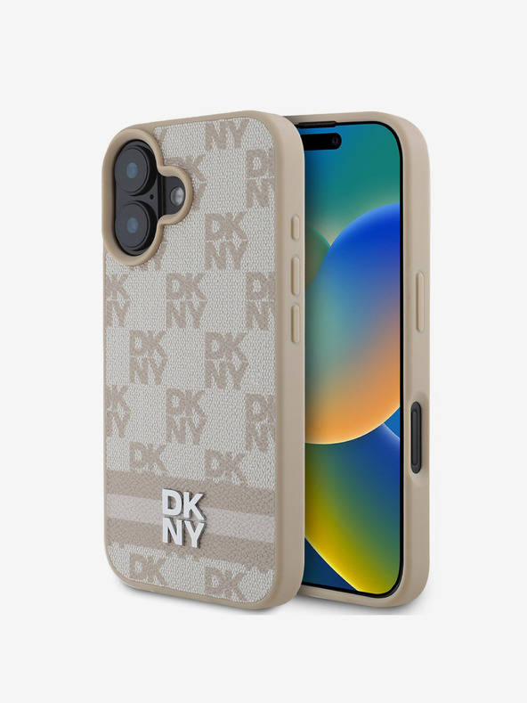 DKNY DKNY PU usnje s kvačkanim vzorcem in črtami hrbtni ovitek za iPhone 16 roza