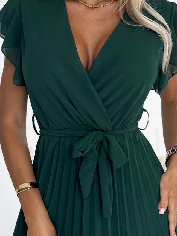 numoco Šifonska obleka z volančki in vratnim izrezom - zelena Numoco