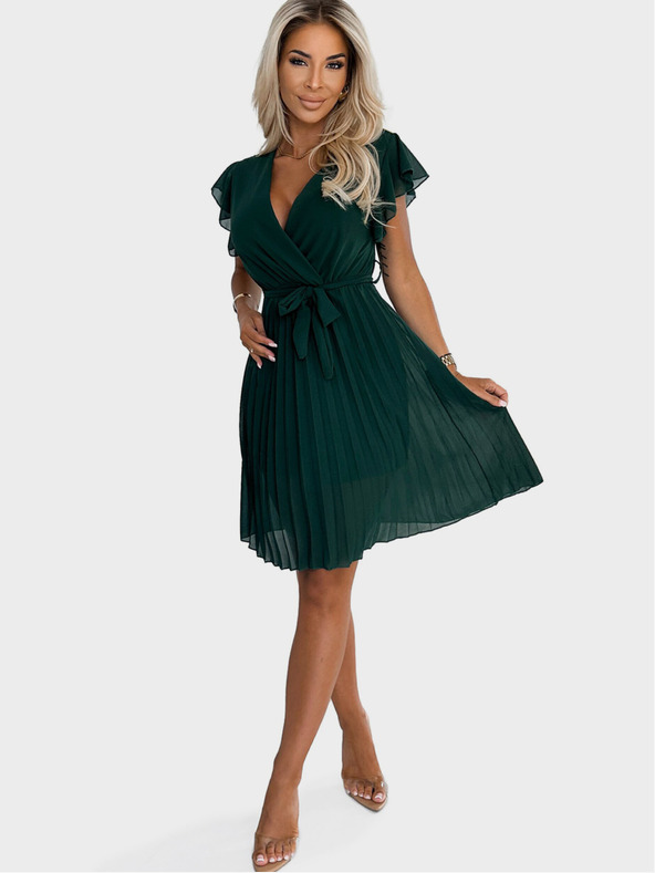 numoco Šifonska obleka z volančki in vratnim izrezom - zelena Numoco