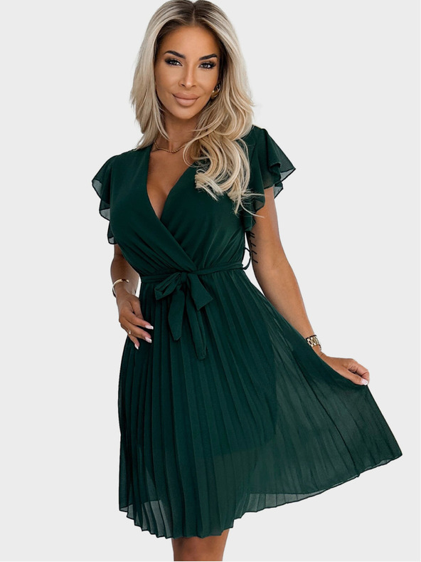 numoco Šifonska obleka z volančki in vratnim izrezom - zelena Numoco