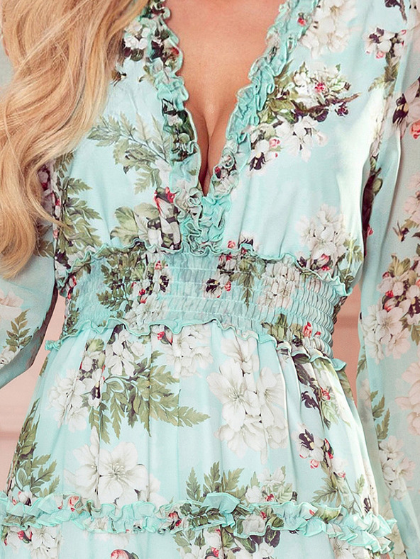 numoco Obleka iz šifona z volančki in širokim elastičnim trakom - cvetje na zeleni podlagi Numoco