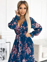 numoco Plisirana dolga obleka iz šifona z izrezom, dolgimi rokavi in pasom - modra z rožami Numoco