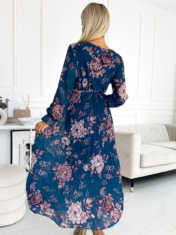 numoco Plisirana dolga obleka iz šifona z izrezom, dolgimi rokavi in pasom - modra z rožami Numoco
