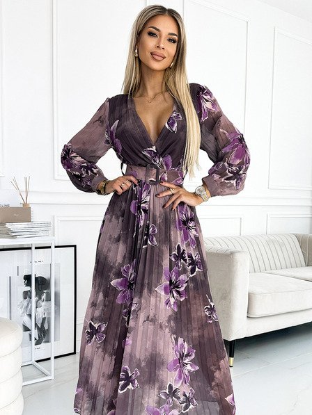 numoco Plisirana dolga obleka iz šifona z dekoltejem, dolgimi rokavi in širokim pasom - vijolične velike rože Numoco