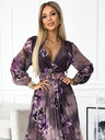 numoco Plisirana dolga obleka iz šifona z dekoltejem, dolgimi rokavi in širokim pasom - vijolične velike rože Numoco