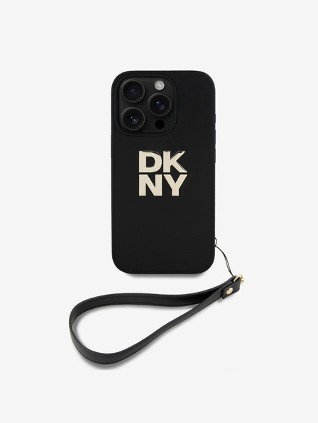 DKNY DKNY PU Leather Stack Logo Wrist Strap Back Cover za iPhone 16 Pro Black