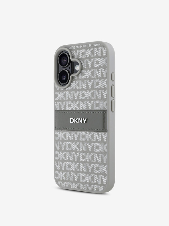DKNY DKNY PU usnje s ponavljajočim se vzorcem s tonskimi črtami Zadnji ovitek za iPhone 16 Bež