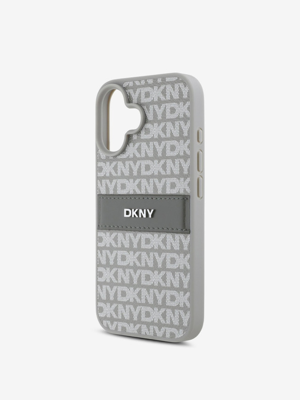 DKNY DKNY PU usnje s ponavljajočim se vzorcem s tonskimi črtami Zadnji ovitek za iPhone 16 Bež