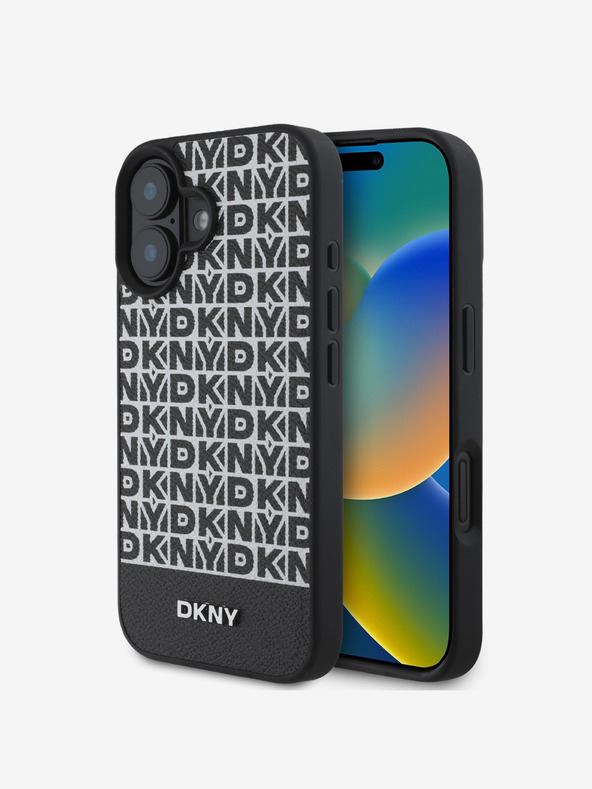 DKNY DKNY PU usnje s ponavljajočim se vzorcem spodnje črte MagSafe hrbtni ovitek za iPhone 16 Plus črn