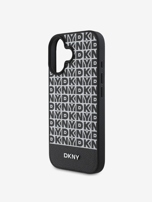 DKNY DKNY PU usnje s ponavljajočim se vzorcem spodnje črte MagSafe hrbtni ovitek za iPhone 16 Plus črn