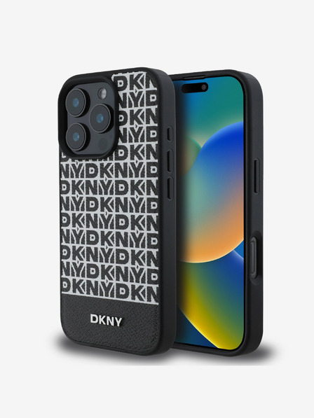 DKNY DKNY PU usnje s ponavljajočim se vzorcem spodnje črte MagSafe hrbtni ovitek za iPhone 16 Pro Max Black Black