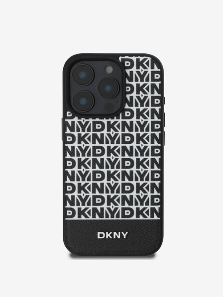 DKNY DKNY PU usnje s ponavljajočim se vzorcem in črto na dnu MagSafe hrbtni ovitek za iPhone 16 Pro črn
