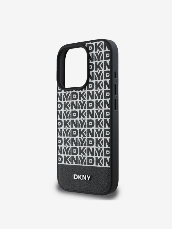 DKNY DKNY PU usnje s ponavljajočim se vzorcem in črto na dnu MagSafe hrbtni ovitek za iPhone 16 Pro črn