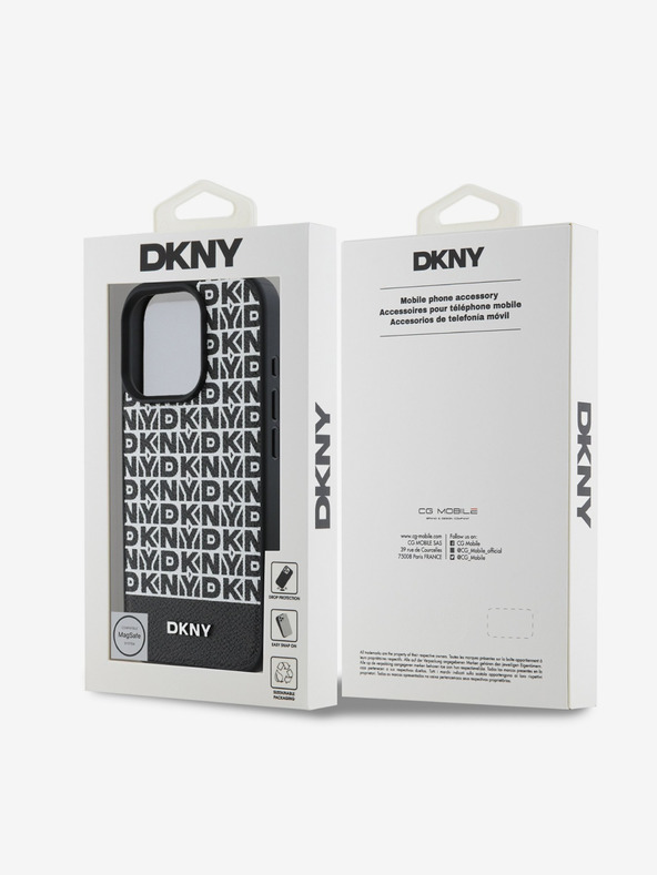 DKNY DKNY PU usnje s ponavljajočim se vzorcem in črto na dnu MagSafe hrbtni ovitek za iPhone 16 Pro črn