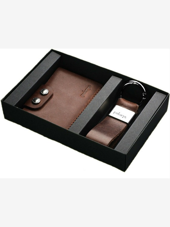 Pularys Pularys Moška usnjena denarnica in obesek za ključe v darilnem kompletu rjave barve 189414102