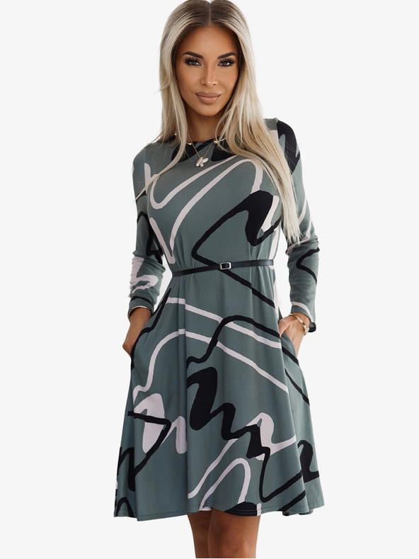 numoco Puloverska obleka s pasom - olivna s črnim in bež vzorcem Numoco