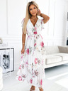 numoco Plisirana midi obleka z dekoltejem in volančki - spomladansko cvetje na beli podlagi Numoco LISA