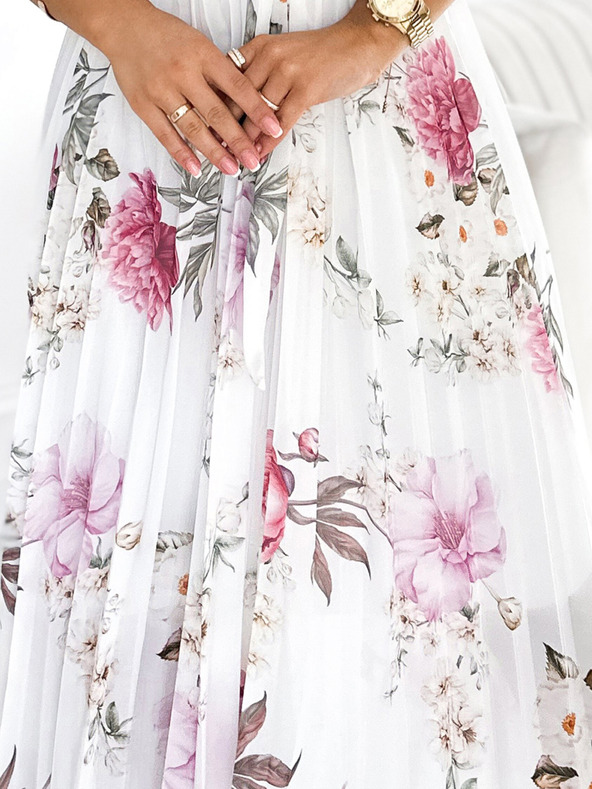 numoco Plisirana midi obleka z dekoltejem in volančki - spomladansko cvetje na beli podlagi Numoco LISA