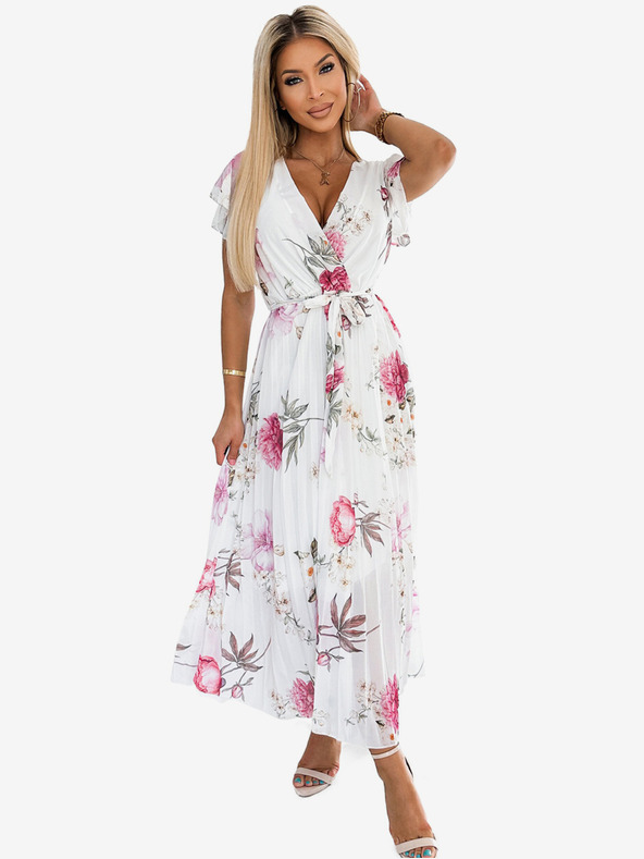 numoco Plisirana midi obleka z dekoltejem in volančki - spomladansko cvetje na beli podlagi Numoco LISA
