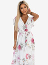 numoco Plisirana midi obleka z dekoltejem in volančki - spomladansko cvetje na beli podlagi Numoco LISA