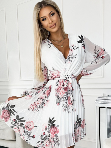 numoco Plisirana obleka z dekoltejem, dolgimi rokavi in pasom - bela z vrtnicami Numoco YSABELv