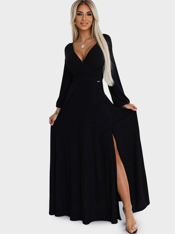 numoco Bleščeča obleka z dolgimi rokavi in dekoltejem - črna Numoco NELA