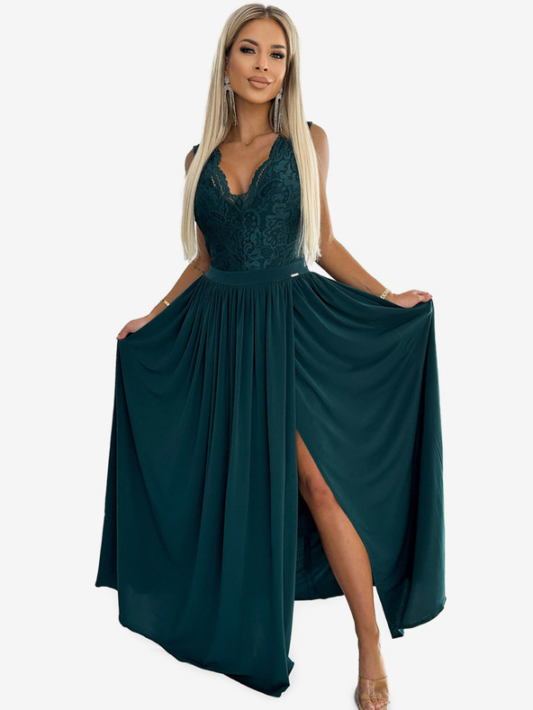 numoco Dolga obleka s čipkastim izrezom - zelena Numoco LEA