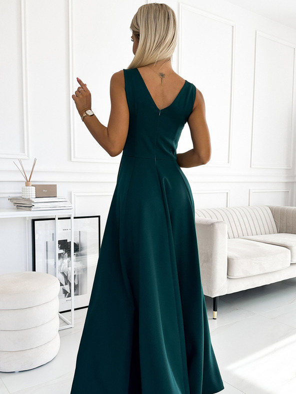 numoco Dolga elegantna obleka z izrezom - zelena Numoco CINDY