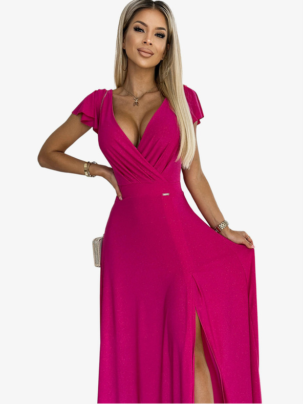 numoco Bleščeča dolga obleka z izrezom - fuksija Numoco CRYSTAL