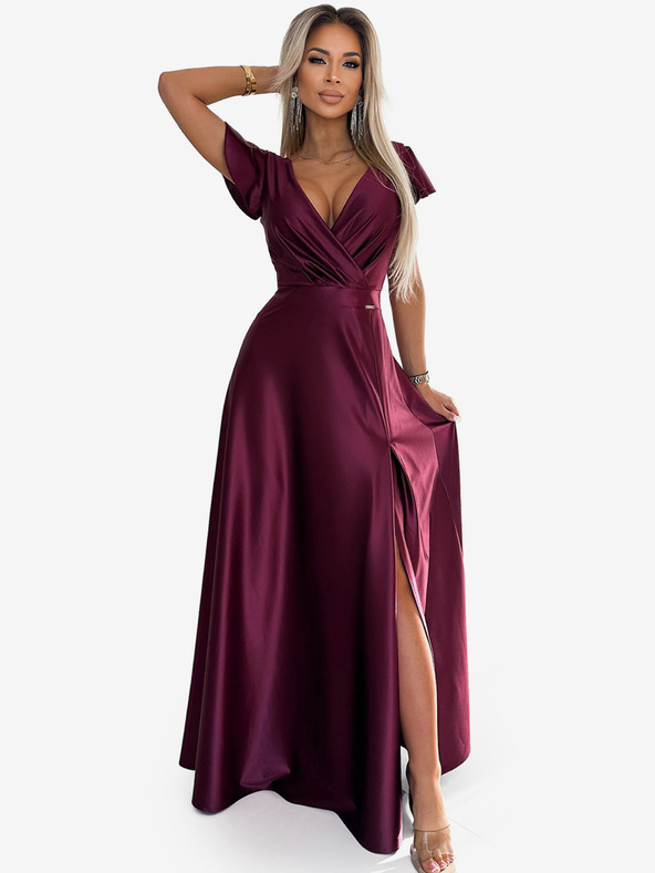 numoco Satenova dolga obleka z izrezom - bordo Numoco CRYSTAL