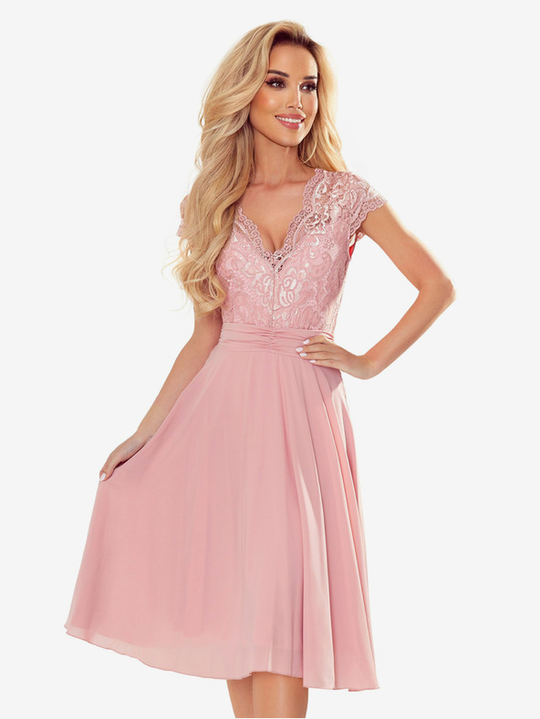 numoco Obleka iz šifona s čipkastim izrezom - umazano rožnata barva Numoco LINDA