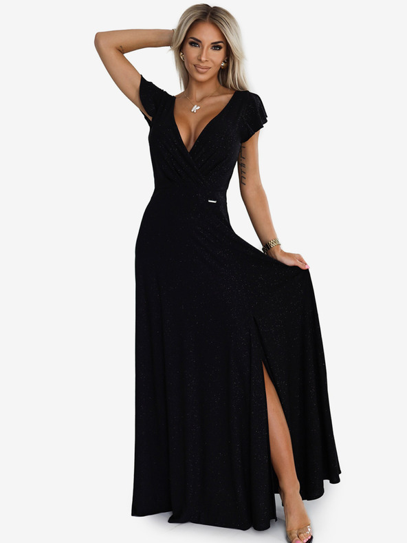 numoco Bleščeča dolga obleka z izrezom - črna Numoco CRYSTAL