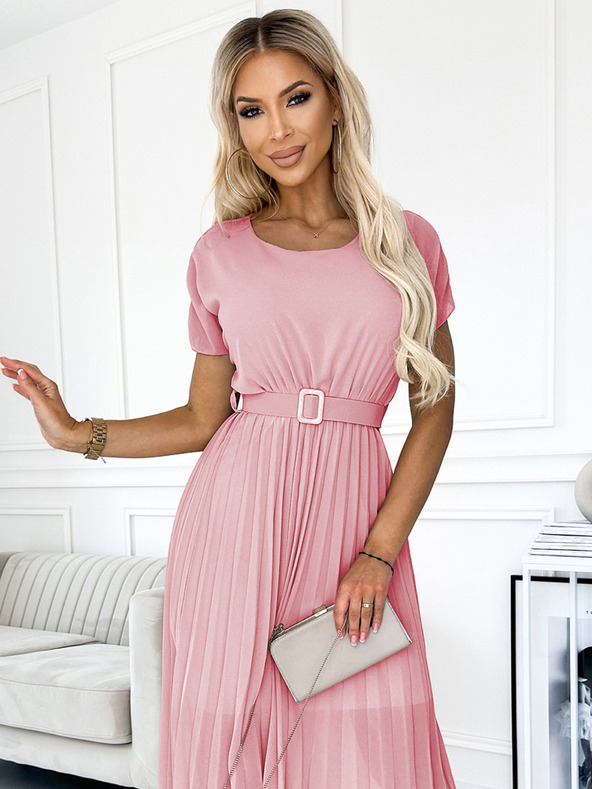 numoco Plisirana midi obleka s širokim pasom - umazano rožnata Numoco MIA