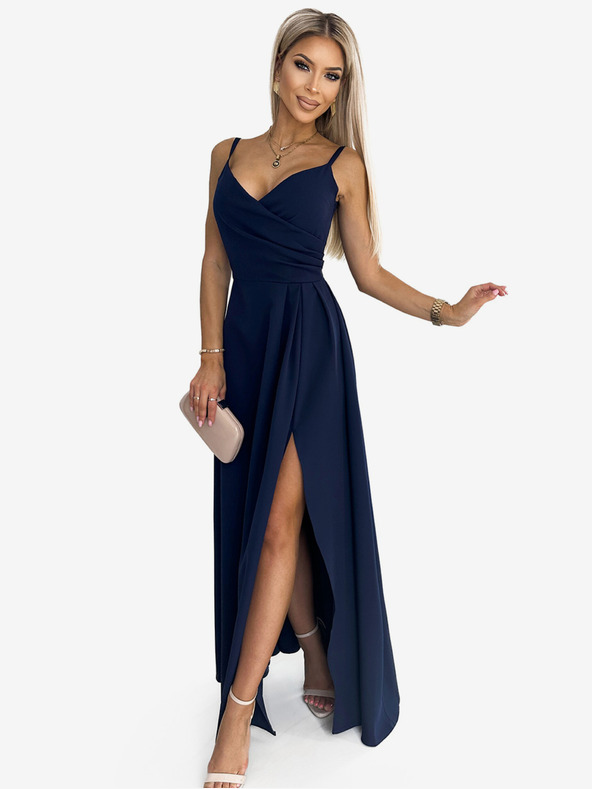 numoco Elegantna maksi obleka z naramnicami - temno modra Numoco CHIARA