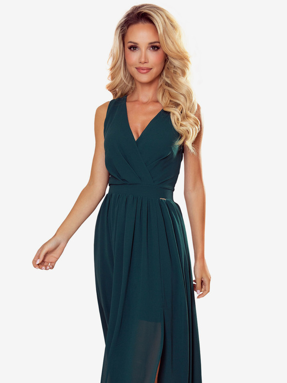 numoco Dolga obleka z izrezom in kravato - zelena Numoco JUSTINE