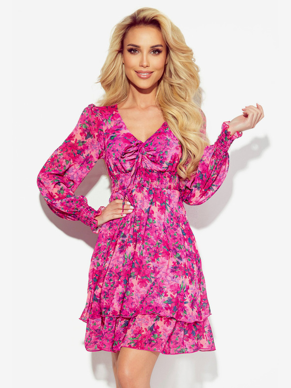 numoco Šifonska obleka z zavezanim izrezom - roza cvetje MONICA