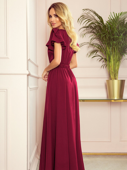 numoco Dolga obleka z izrezom in volančki - bordo Numoco LIDIA