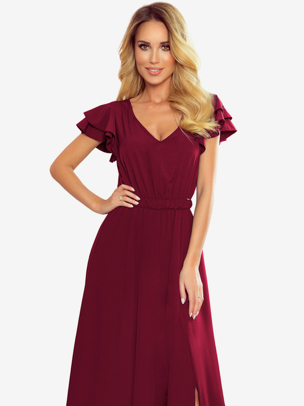 numoco Dolga obleka z izrezom in volančki - bordo Numoco LIDIA