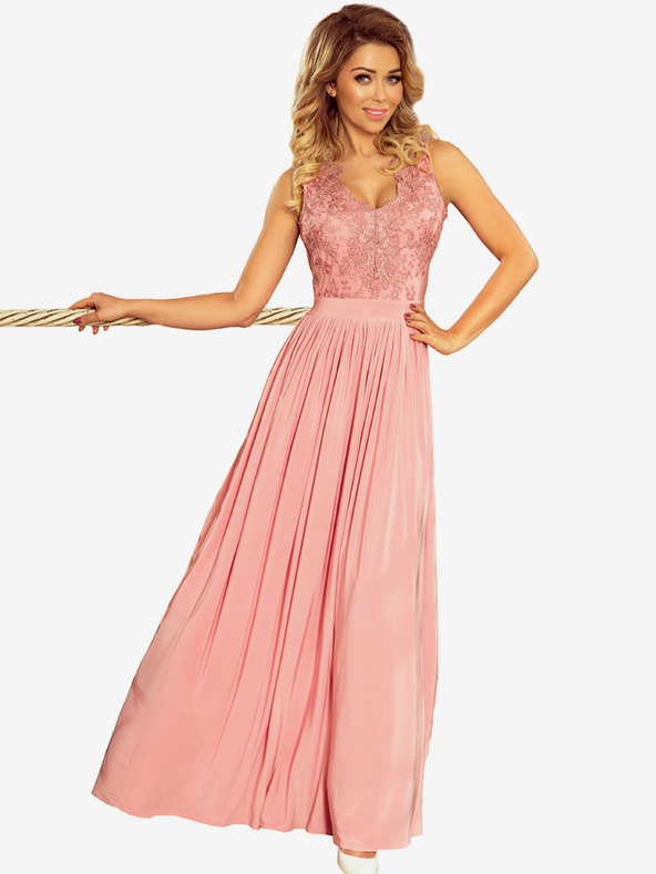 numoco Dolga obleka z vezenim izrezom - roza Numoco LEA