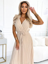 numoco Plisirana midi obleka iz šifona z izrezom in nežnimi volančki - bež Numoco MIRABELLA