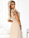 numoco Plisirana midi obleka iz šifona z izrezom in nežnimi volančki - bež Numoco MIRABELLA