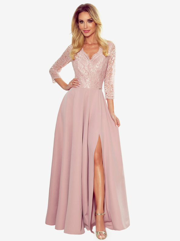 numoco Elegantna čipkasta dolga obleka z dekoltejem - umazano rožnata Numoco AMBER