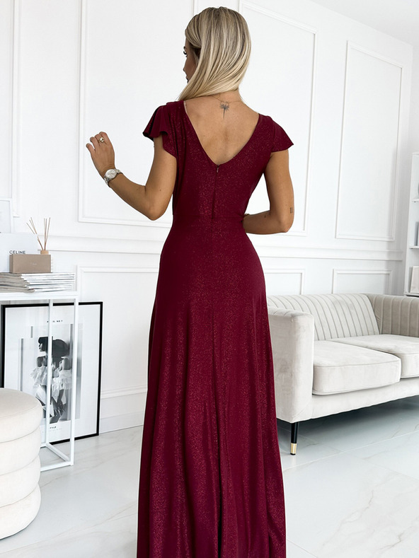 numoco Bleščeča dolga obleka z izrezom - bordo Numoco CRYSTAL