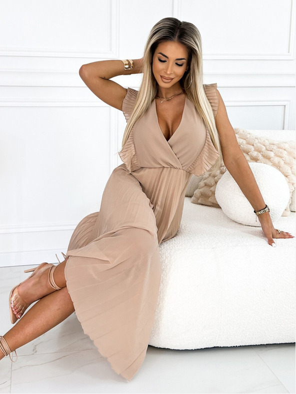 numoco Nagubana obleka z volančki na ramenih in dekolteju - bež Numoco EMILY