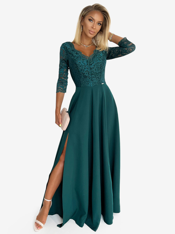 numoco Elegantna čipkasta dolga obleka z dekoltejem - zelena Numoco AMBER