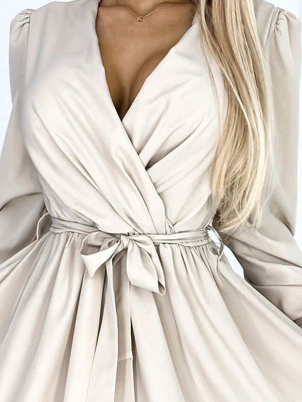 numoco Ženska obleka z izrezom in pasom - bež Numoco BINDY