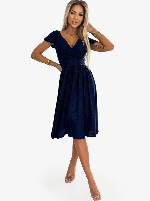 numoco Obleka s kratkimi rokavi z izrezom in kratkimi rokavi - temno modra z bleščicami Numoco MATILDE