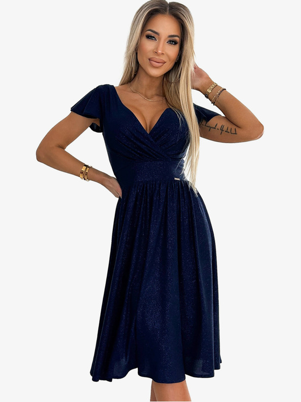 numoco Obleka s kratkimi rokavi z izrezom in kratkimi rokavi - temno modra z bleščicami Numoco MATILDE