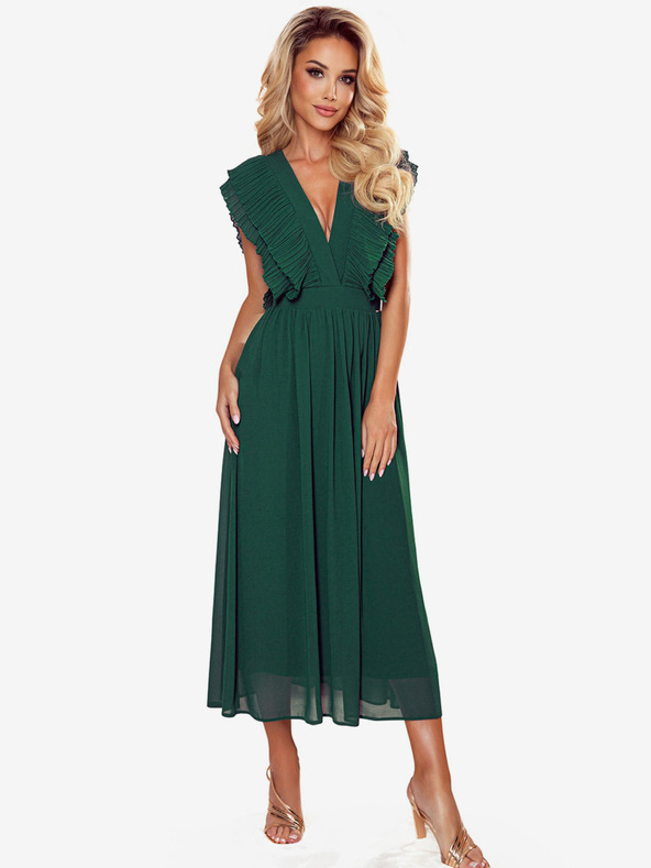 numoco Midi obleka z nagubanim izrezom - zelena Numoco YANA