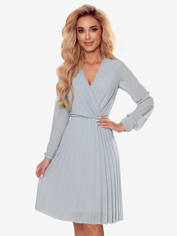 numoco Plisirana obleka z dekoltejem in dolgimi rokavi - siva Numoco ISABELLE